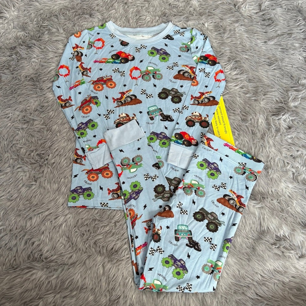 Small Shop Bamboo Pajama 2 Piece Set Monster Trucks Boys Youth Small 6/7 NEW